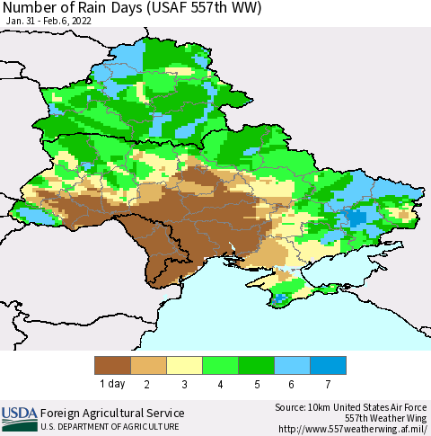 Ukraine, Moldova and Belarus Number of Rain Days (USAF 557th WW) Thematic Map For 1/31/2022 - 2/6/2022