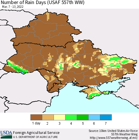 Ukraine, Moldova and Belarus Number of Rain Days (USAF 557th WW) Thematic Map For 3/7/2022 - 3/13/2022