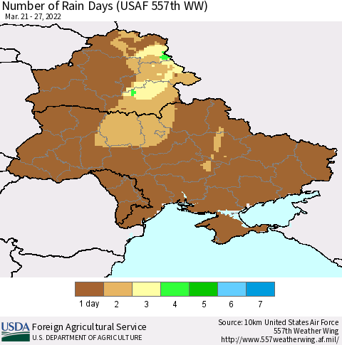 Ukraine, Moldova and Belarus Number of Rain Days (USAF 557th WW) Thematic Map For 3/21/2022 - 3/27/2022
