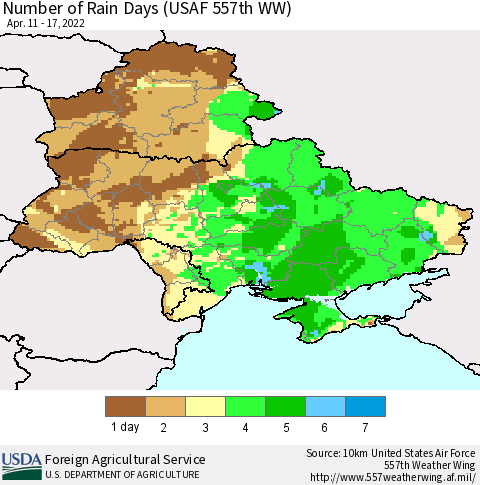 Ukraine, Moldova and Belarus Number of Rain Days (USAF 557th WW) Thematic Map For 4/11/2022 - 4/17/2022