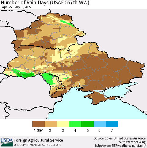 Ukraine, Moldova and Belarus Number of Rain Days (USAF 557th WW) Thematic Map For 4/25/2022 - 5/1/2022