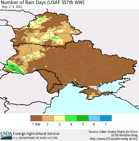 Ukraine, Moldova and Belarus Number of Rain Days (USAF 557th WW) Thematic Map For 5/2/2022 - 5/8/2022