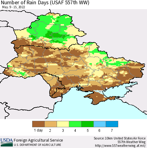Ukraine, Moldova and Belarus Number of Rain Days (USAF 557th WW) Thematic Map For 5/9/2022 - 5/15/2022