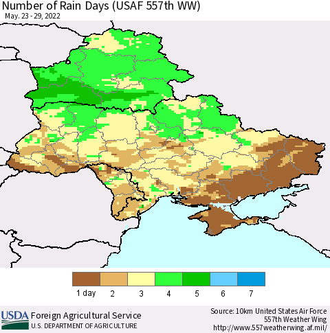 Ukraine, Moldova and Belarus Number of Rain Days (USAF 557th WW) Thematic Map For 5/23/2022 - 5/29/2022