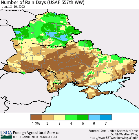 Ukraine, Moldova and Belarus Number of Rain Days (USAF 557th WW) Thematic Map For 6/13/2022 - 6/19/2022