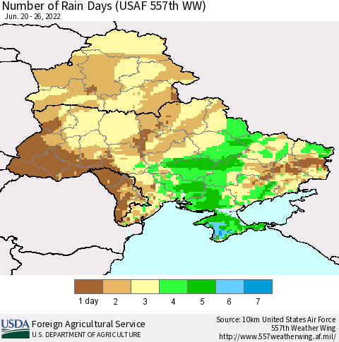 Ukraine, Moldova and Belarus Number of Rain Days (USAF 557th WW) Thematic Map For 6/20/2022 - 6/26/2022