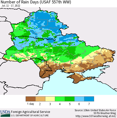 Ukraine, Moldova and Belarus Number of Rain Days (USAF 557th WW) Thematic Map For 7/11/2022 - 7/17/2022