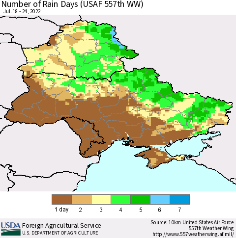 Ukraine, Moldova and Belarus Number of Rain Days (USAF 557th WW) Thematic Map For 7/18/2022 - 7/24/2022