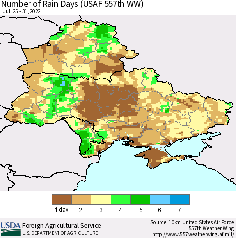 Ukraine, Moldova and Belarus Number of Rain Days (USAF 557th WW) Thematic Map For 7/25/2022 - 7/31/2022