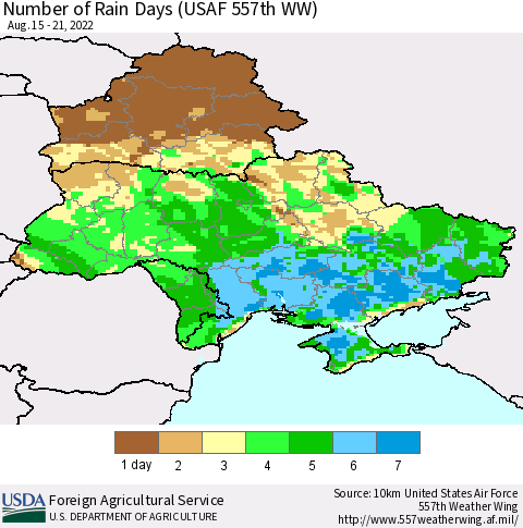 Ukraine, Moldova and Belarus Number of Rain Days (USAF 557th WW) Thematic Map For 8/15/2022 - 8/21/2022