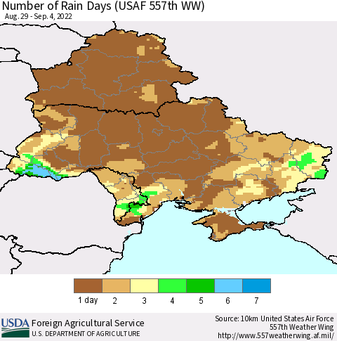 Ukraine, Moldova and Belarus Number of Rain Days (USAF 557th WW) Thematic Map For 8/29/2022 - 9/4/2022
