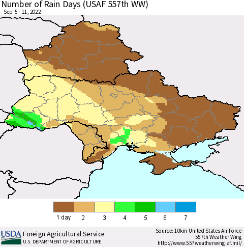Ukraine, Moldova and Belarus Number of Rain Days (USAF 557th WW) Thematic Map For 9/5/2022 - 9/11/2022