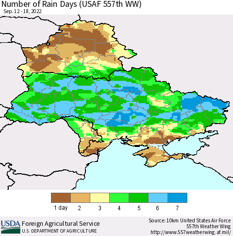 Ukraine, Moldova and Belarus Number of Rain Days (USAF 557th WW) Thematic Map For 9/12/2022 - 9/18/2022
