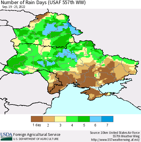 Ukraine, Moldova and Belarus Number of Rain Days (USAF 557th WW) Thematic Map For 9/19/2022 - 9/25/2022