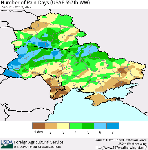 Ukraine, Moldova and Belarus Number of Rain Days (USAF 557th WW) Thematic Map For 9/26/2022 - 10/2/2022