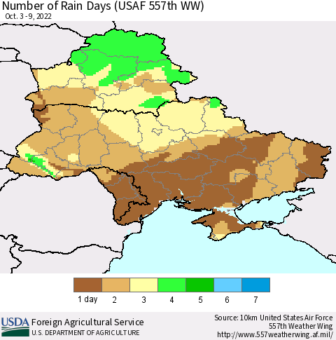Ukraine, Moldova and Belarus Number of Rain Days (USAF 557th WW) Thematic Map For 10/3/2022 - 10/9/2022