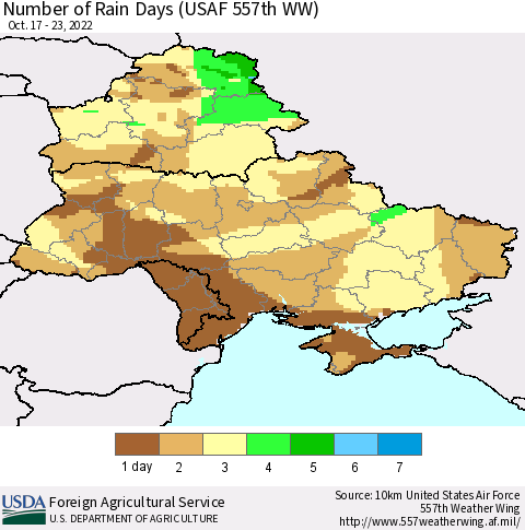 Ukraine, Moldova and Belarus Number of Rain Days (USAF 557th WW) Thematic Map For 10/17/2022 - 10/23/2022
