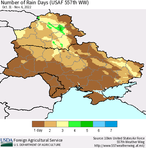 Ukraine, Moldova and Belarus Number of Rain Days (USAF 557th WW) Thematic Map For 10/31/2022 - 11/6/2022