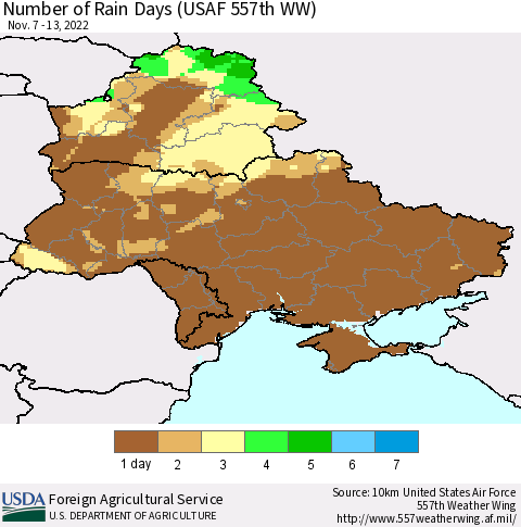 Ukraine, Moldova and Belarus Number of Rain Days (USAF 557th WW) Thematic Map For 11/7/2022 - 11/13/2022