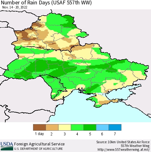 Ukraine, Moldova and Belarus Number of Rain Days (USAF 557th WW) Thematic Map For 11/14/2022 - 11/20/2022