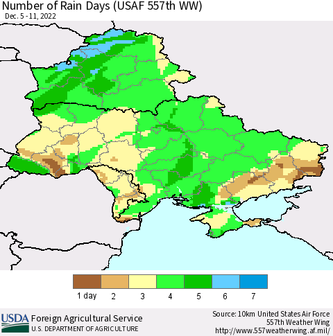 Ukraine, Moldova and Belarus Number of Rain Days (USAF 557th WW) Thematic Map For 12/5/2022 - 12/11/2022