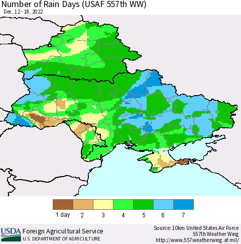 Ukraine, Moldova and Belarus Number of Rain Days (USAF 557th WW) Thematic Map For 12/12/2022 - 12/18/2022