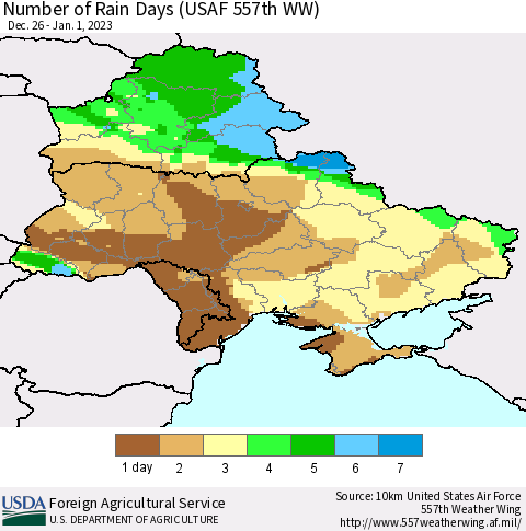 Ukraine, Moldova and Belarus Number of Rain Days (USAF 557th WW) Thematic Map For 12/26/2022 - 1/1/2023
