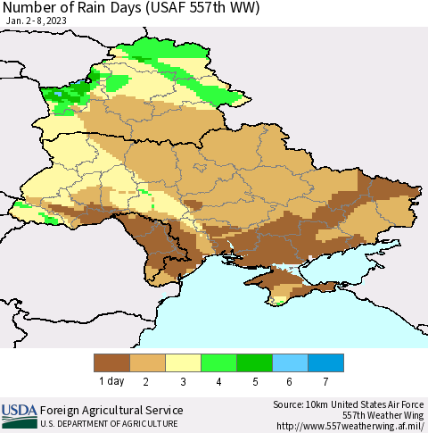 Ukraine, Moldova and Belarus Number of Rain Days (USAF 557th WW) Thematic Map For 1/2/2023 - 1/8/2023