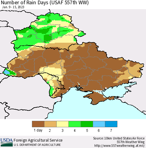 Ukraine, Moldova and Belarus Number of Rain Days (USAF 557th WW) Thematic Map For 1/9/2023 - 1/15/2023