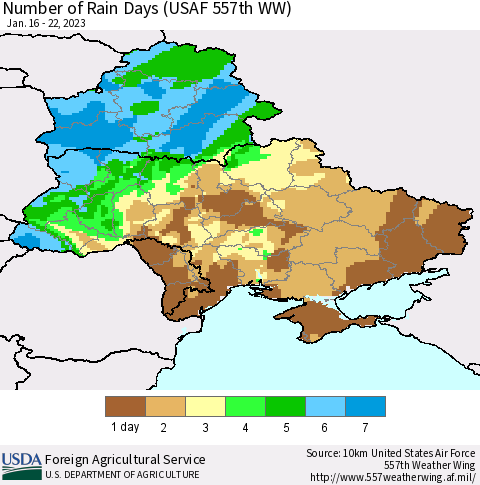 Ukraine, Moldova and Belarus Number of Rain Days (USAF 557th WW) Thematic Map For 1/16/2023 - 1/22/2023