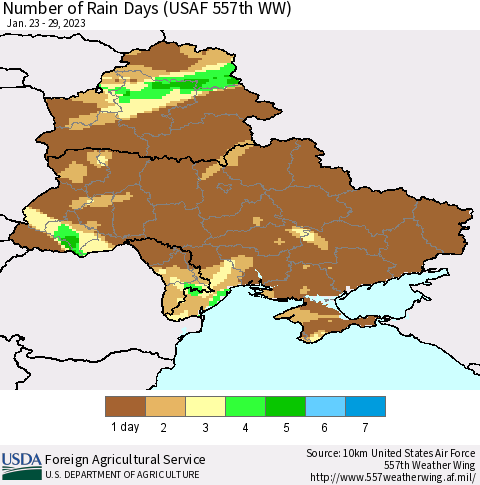 Ukraine, Moldova and Belarus Number of Rain Days (USAF 557th WW) Thematic Map For 1/23/2023 - 1/29/2023