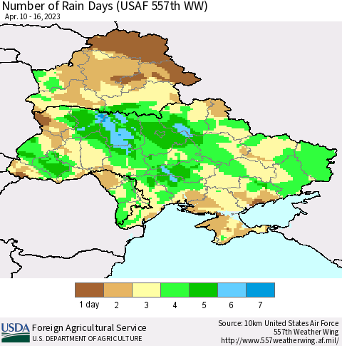Ukraine, Moldova and Belarus Number of Rain Days (USAF 557th WW) Thematic Map For 4/10/2023 - 4/16/2023