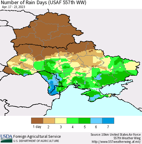 Ukraine, Moldova and Belarus Number of Rain Days (USAF 557th WW) Thematic Map For 4/17/2023 - 4/23/2023