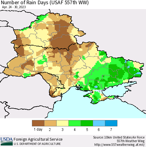 Ukraine, Moldova and Belarus Number of Rain Days (USAF 557th WW) Thematic Map For 4/24/2023 - 4/30/2023