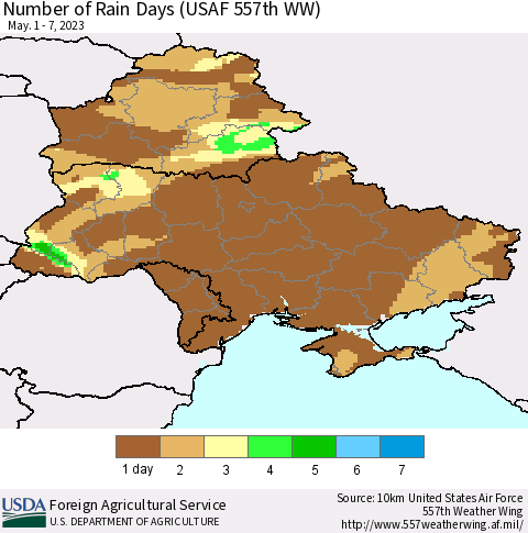 Ukraine, Moldova and Belarus Number of Rain Days (USAF 557th WW) Thematic Map For 5/1/2023 - 5/7/2023