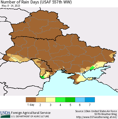 Ukraine, Moldova and Belarus Number of Rain Days (USAF 557th WW) Thematic Map For 5/8/2023 - 5/14/2023