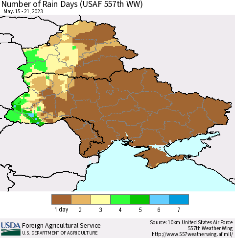 Ukraine, Moldova and Belarus Number of Rain Days (USAF 557th WW) Thematic Map For 5/15/2023 - 5/21/2023