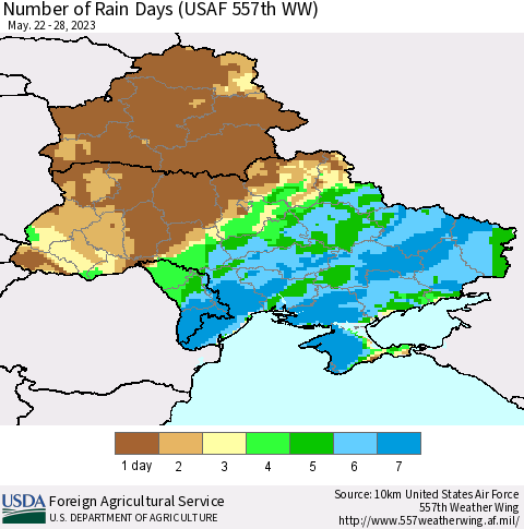 Ukraine, Moldova and Belarus Number of Rain Days (USAF 557th WW) Thematic Map For 5/22/2023 - 5/28/2023