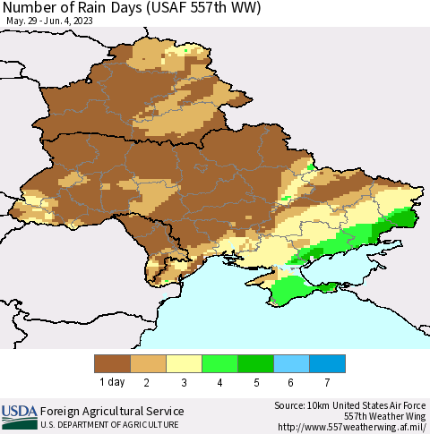 Ukraine, Moldova and Belarus Number of Rain Days (USAF 557th WW) Thematic Map For 5/29/2023 - 6/4/2023