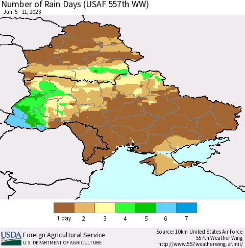 Ukraine, Moldova and Belarus Number of Rain Days (USAF 557th WW) Thematic Map For 6/5/2023 - 6/11/2023
