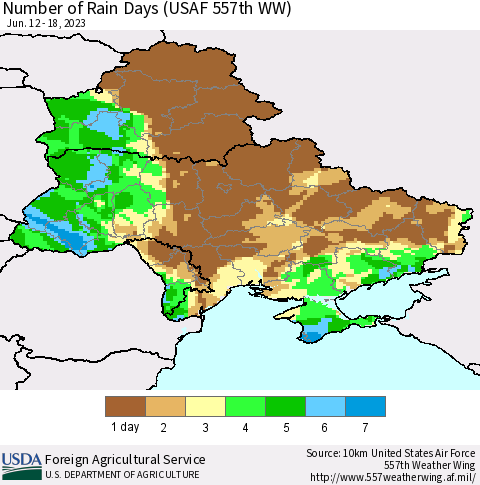 Ukraine, Moldova and Belarus Number of Rain Days (USAF 557th WW) Thematic Map For 6/12/2023 - 6/18/2023
