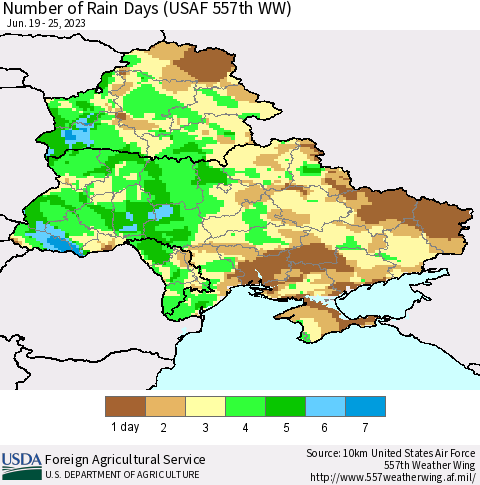 Ukraine, Moldova and Belarus Number of Rain Days (USAF 557th WW) Thematic Map For 6/19/2023 - 6/25/2023