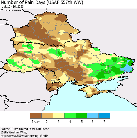 Ukraine, Moldova and Belarus Number of Rain Days (USAF 557th WW) Thematic Map For 7/10/2023 - 7/16/2023
