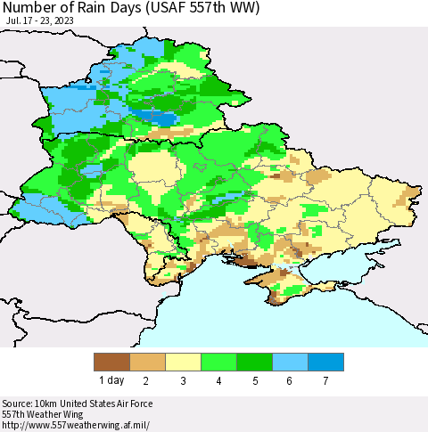 Ukraine, Moldova and Belarus Number of Rain Days (USAF 557th WW) Thematic Map For 7/17/2023 - 7/23/2023