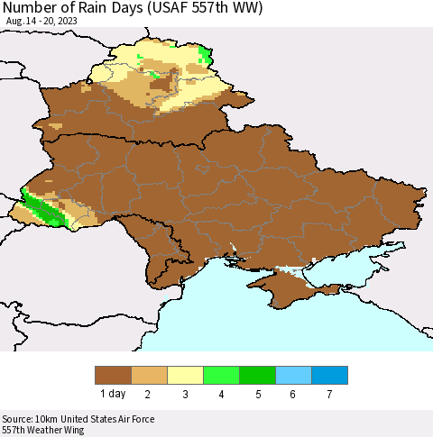 Ukraine, Moldova and Belarus Number of Rain Days (USAF 557th WW) Thematic Map For 8/14/2023 - 8/20/2023