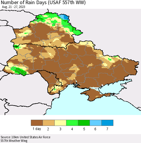 Ukraine, Moldova and Belarus Number of Rain Days (USAF 557th WW) Thematic Map For 8/21/2023 - 8/27/2023