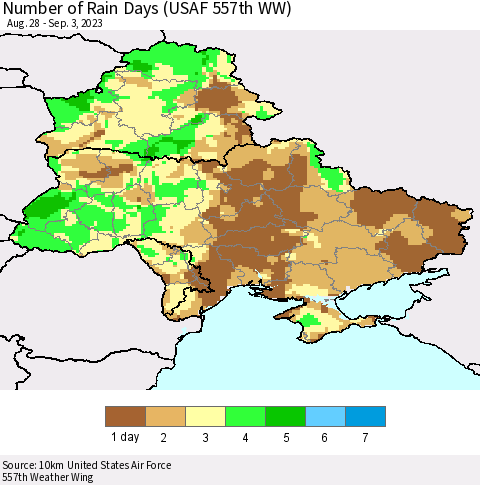 Ukraine, Moldova and Belarus Number of Rain Days (USAF 557th WW) Thematic Map For 8/28/2023 - 9/3/2023