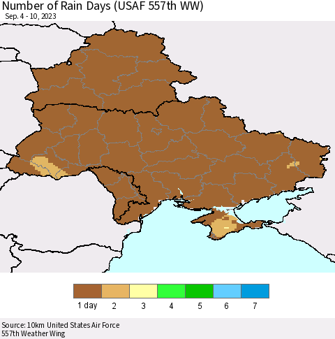 Ukraine, Moldova and Belarus Number of Rain Days (USAF 557th WW) Thematic Map For 9/4/2023 - 9/10/2023