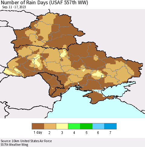 Ukraine, Moldova and Belarus Number of Rain Days (USAF 557th WW) Thematic Map For 9/11/2023 - 9/17/2023