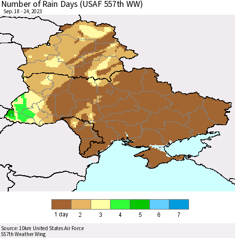 Ukraine, Moldova and Belarus Number of Rain Days (USAF 557th WW) Thematic Map For 9/18/2023 - 9/24/2023